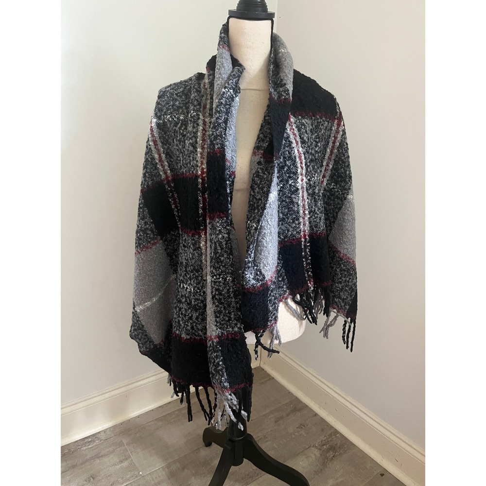 Plaid Boucle Blanket Scarf Black Grey Red Fringed Oversized Wrap Shawl Knit Boho